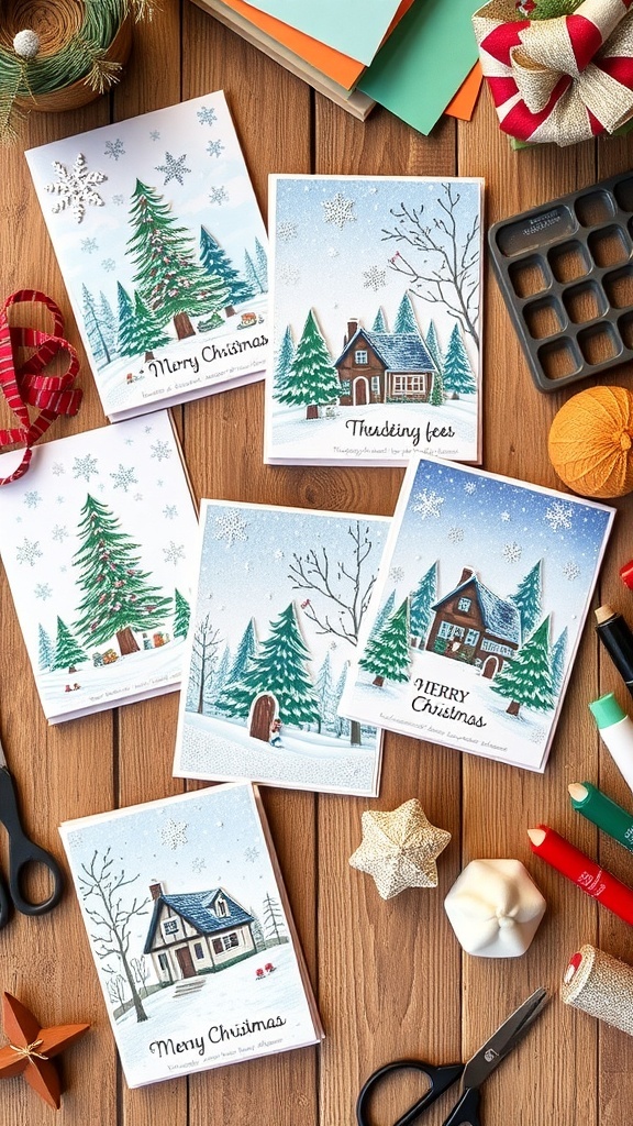 Handmade Christmas cards with winter scenes on a wooden table with crafting supplies.